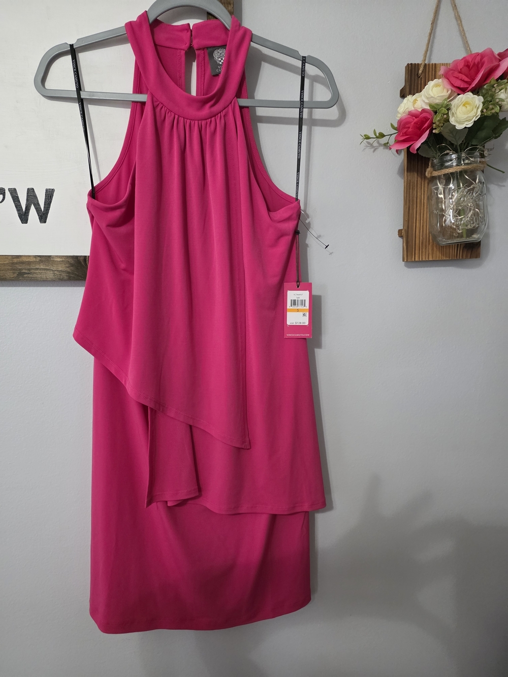 VINCE CAMUTO Asymmetric Drape Ruffle Front Sleeveless Halter Dress, Hot Pink